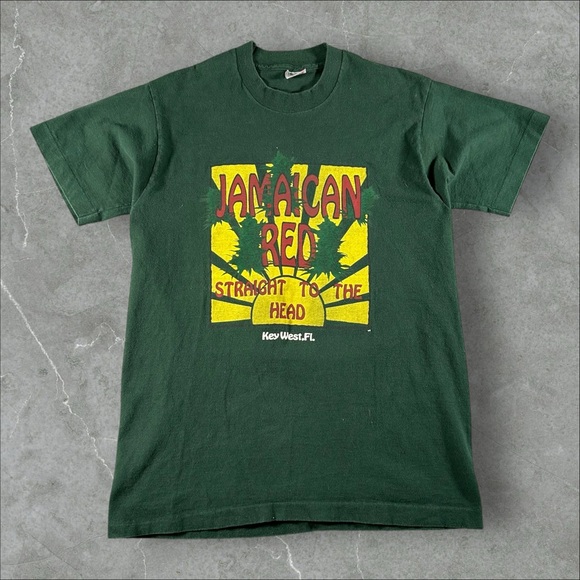 Vintage Jamaican Red Shirt Mens Medium Green 90s Weed Drug Tee Single Stitch USA - Picture 1 of 8